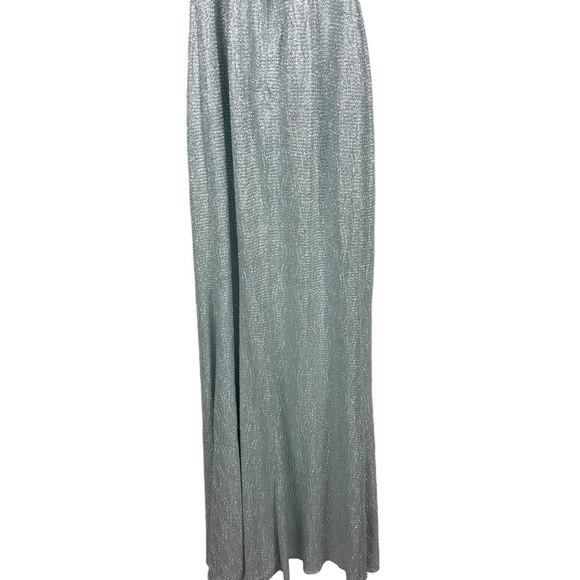 AIDEN MADDOX CELADON FOIL METALLIC KNIT STRAPPY V-NECK LONG FORMAL GOWN DRESS - Picture 8 of 15